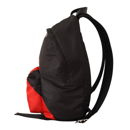 Black and red designer backpack side view with adjustable straps on white background