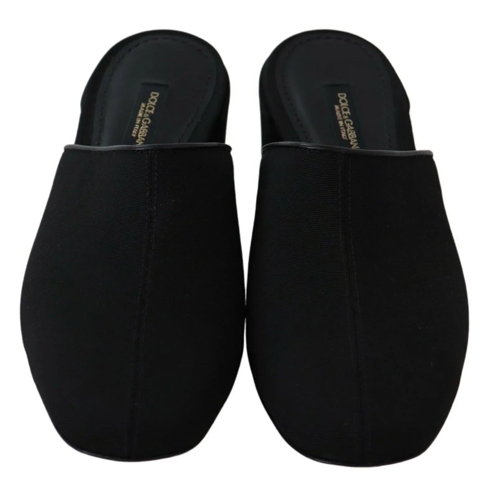 Pair of black Dolce & Gabbana slip-on mule slippers with closed toes, top view