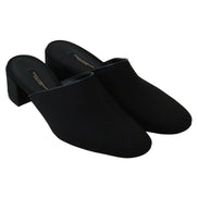 Black block heel mule shoes with closed toe, slip-on style, luxury women's footwear