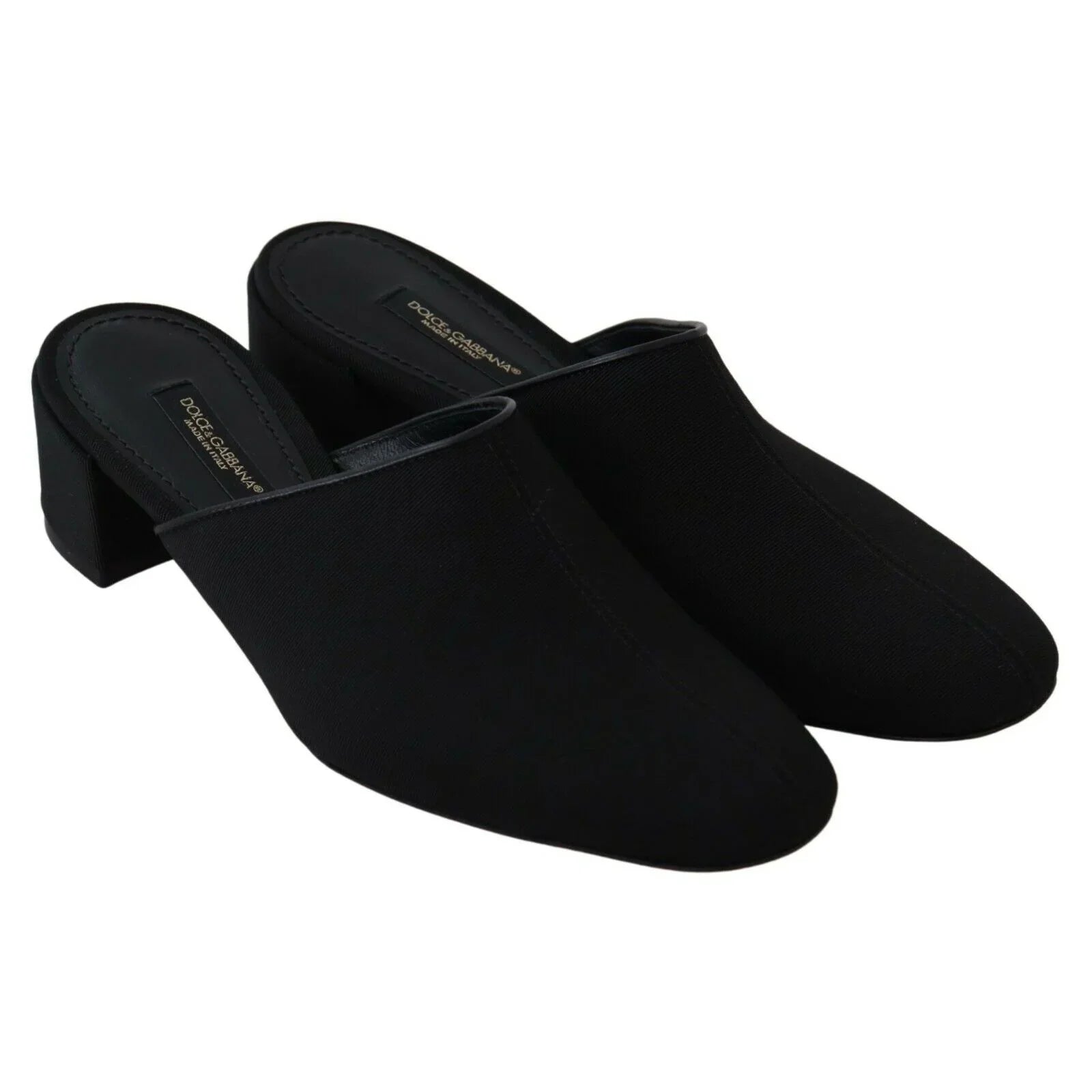 Black block heel mule shoes with closed toe, slip-on style, luxury women's footwear