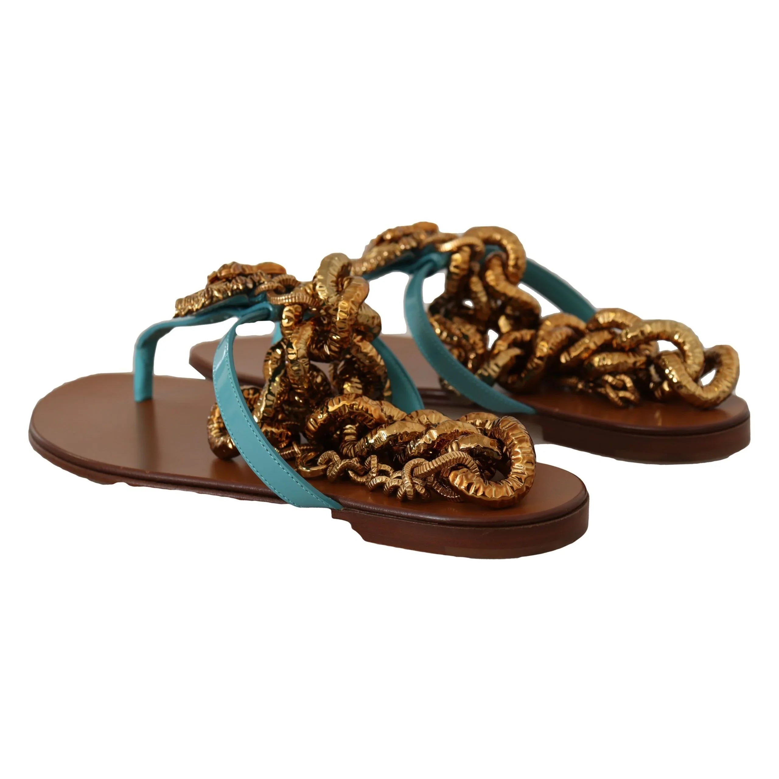 Women's flat sandals with turquoise straps and chunky gold chain embellishments
