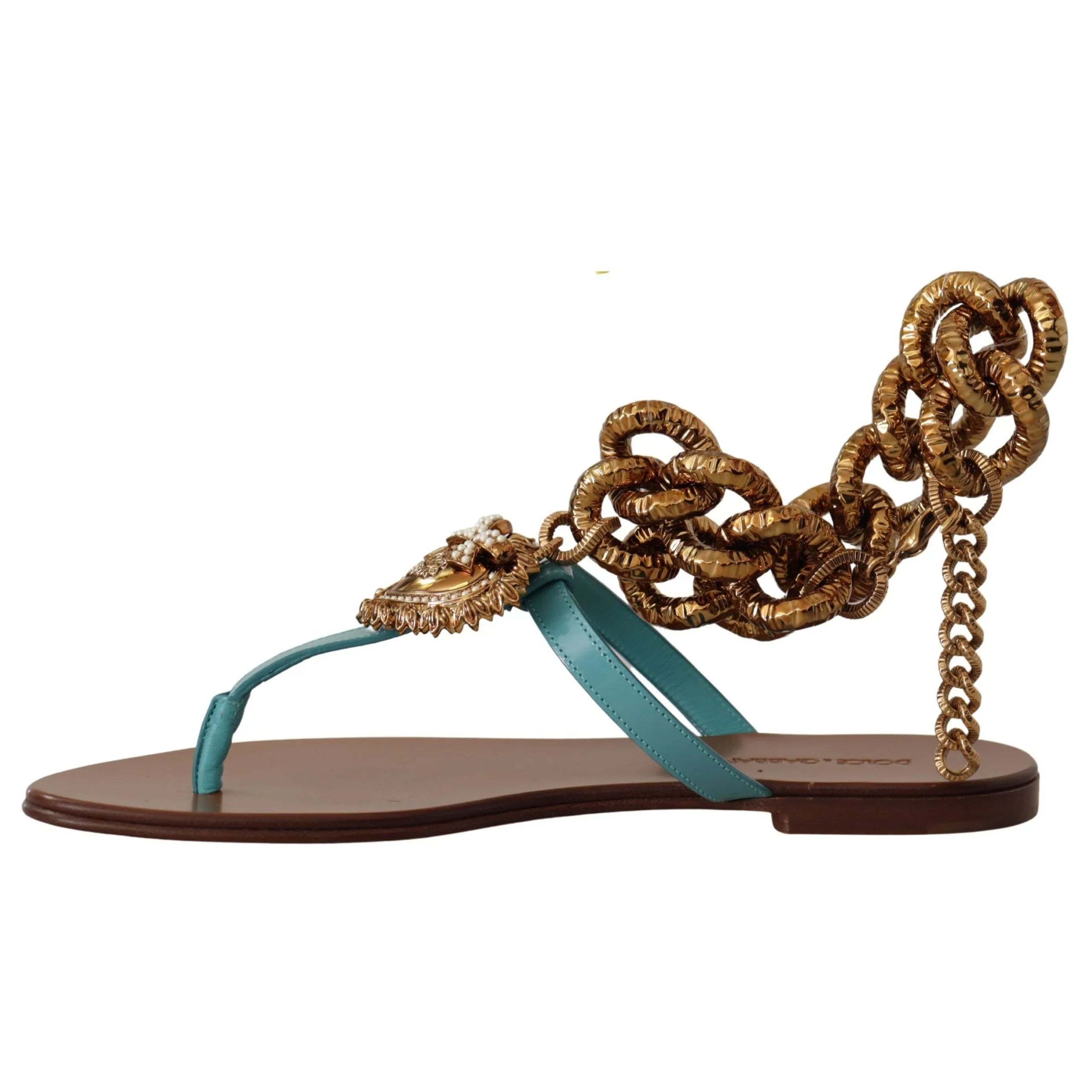 Turquoise leather sandal with gold chunky chain and decorative medallion detail