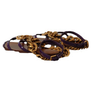 Purple flat sandals with gold chain embellishments, luxury designer footwear