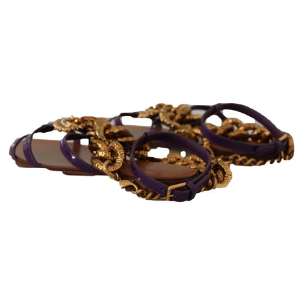 Purple flat sandals with gold chain embellishments, luxury designer footwear