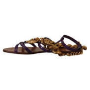 Purple leather flat sandal with gold chain detailing, luxury designer footwear