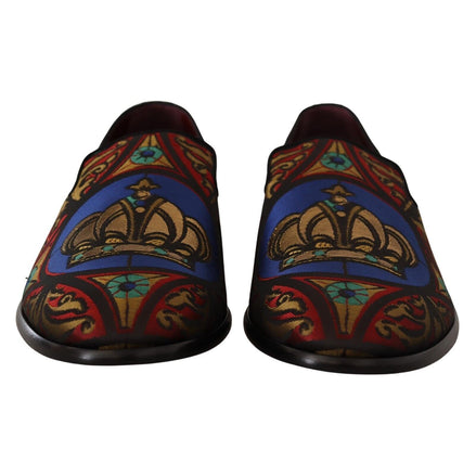 Dolce & Gabbana Multicolor Jacquard Crown Slippers Loafers Shoes