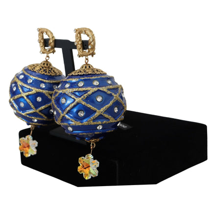 Boucles d'oreilles clips Dolce & Gabbana en laiton doré avec boule pendante bleue et cristaux