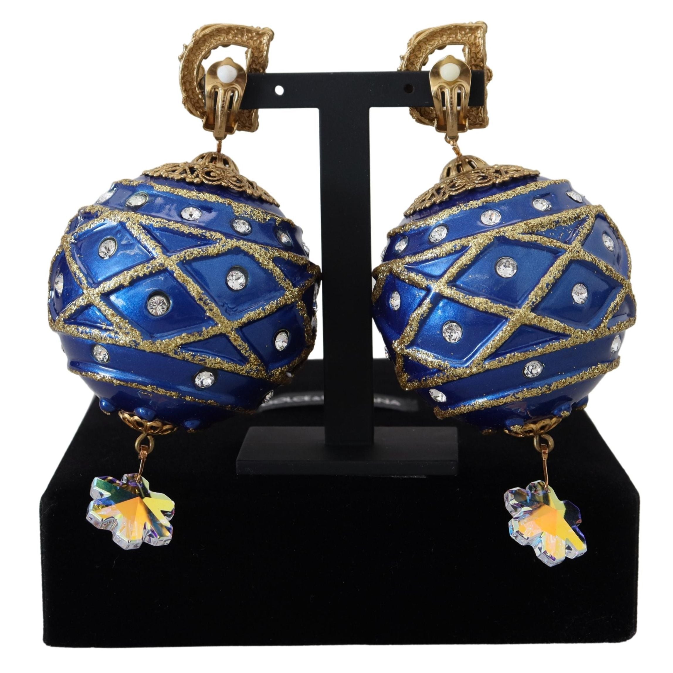 Orecchini a Clip Pendenti con Cristallo a Sfera Blu in Ottone Dorato Dolce & Gabbana
