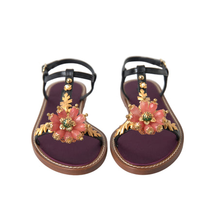 Dolce & Gabbana Sandales Noires Cristal Doré Chaussures en Cuir
