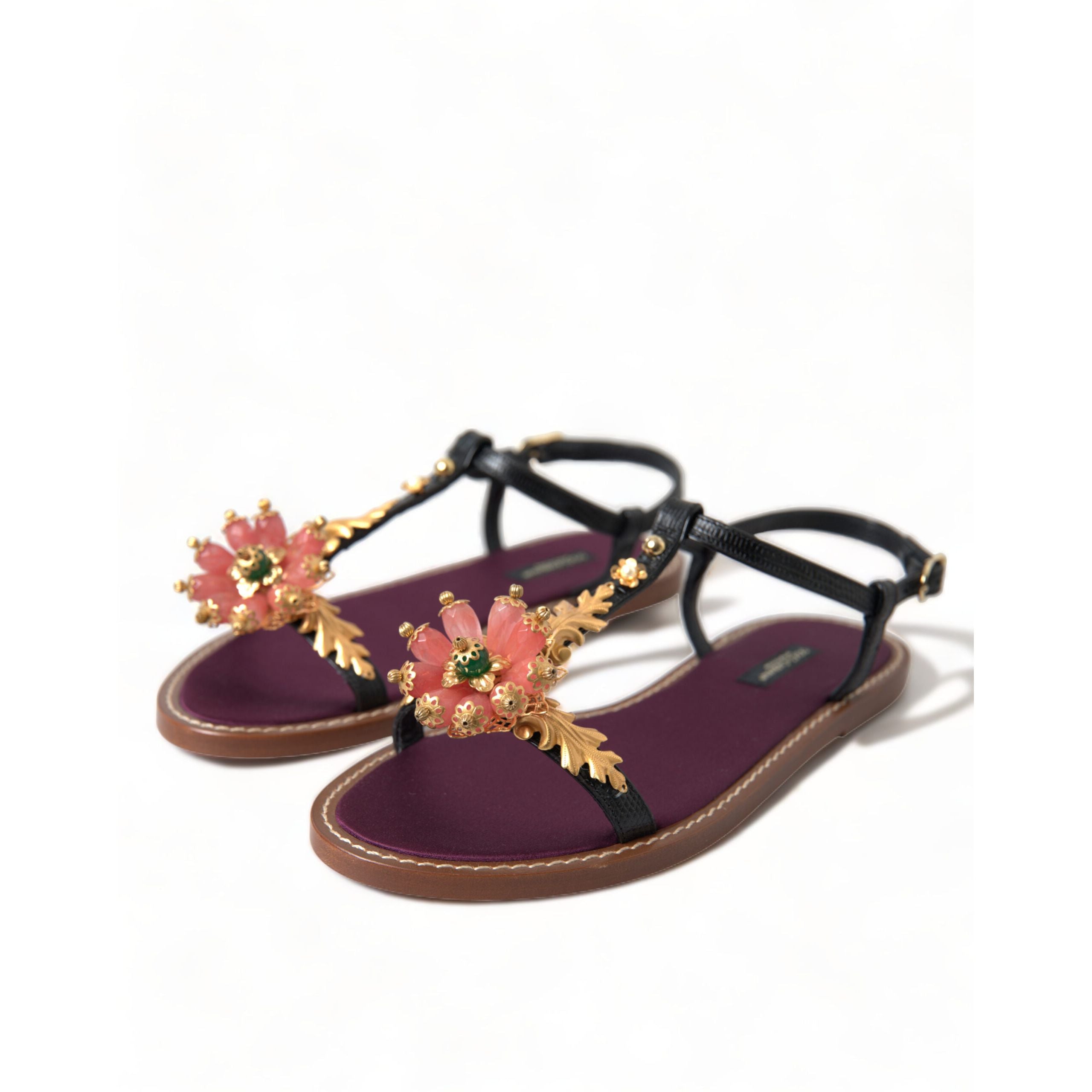 Sandali Dolce & Gabbana neri in pelle con cristalli e oro