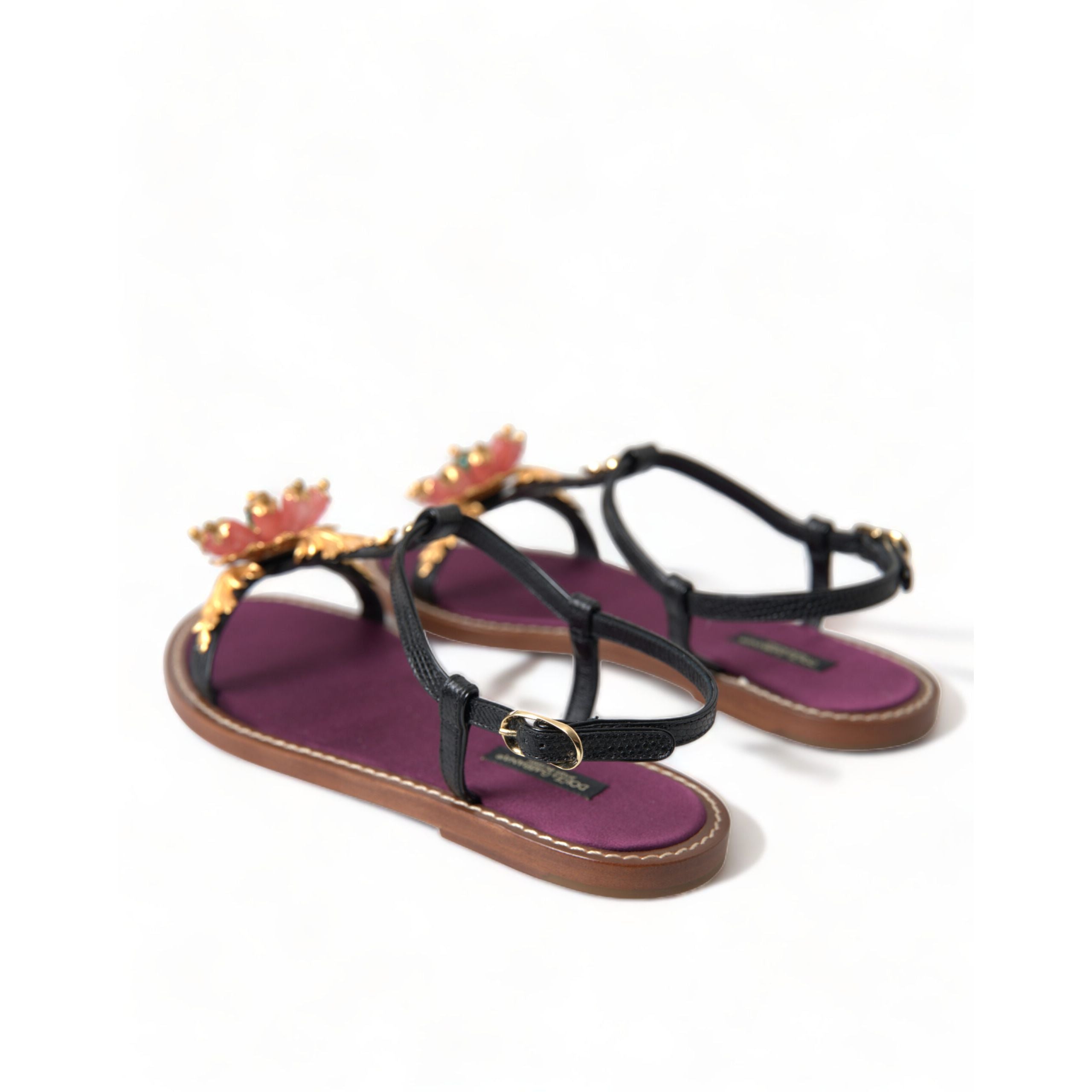 Sandali Dolce & Gabbana neri in pelle con cristalli e oro