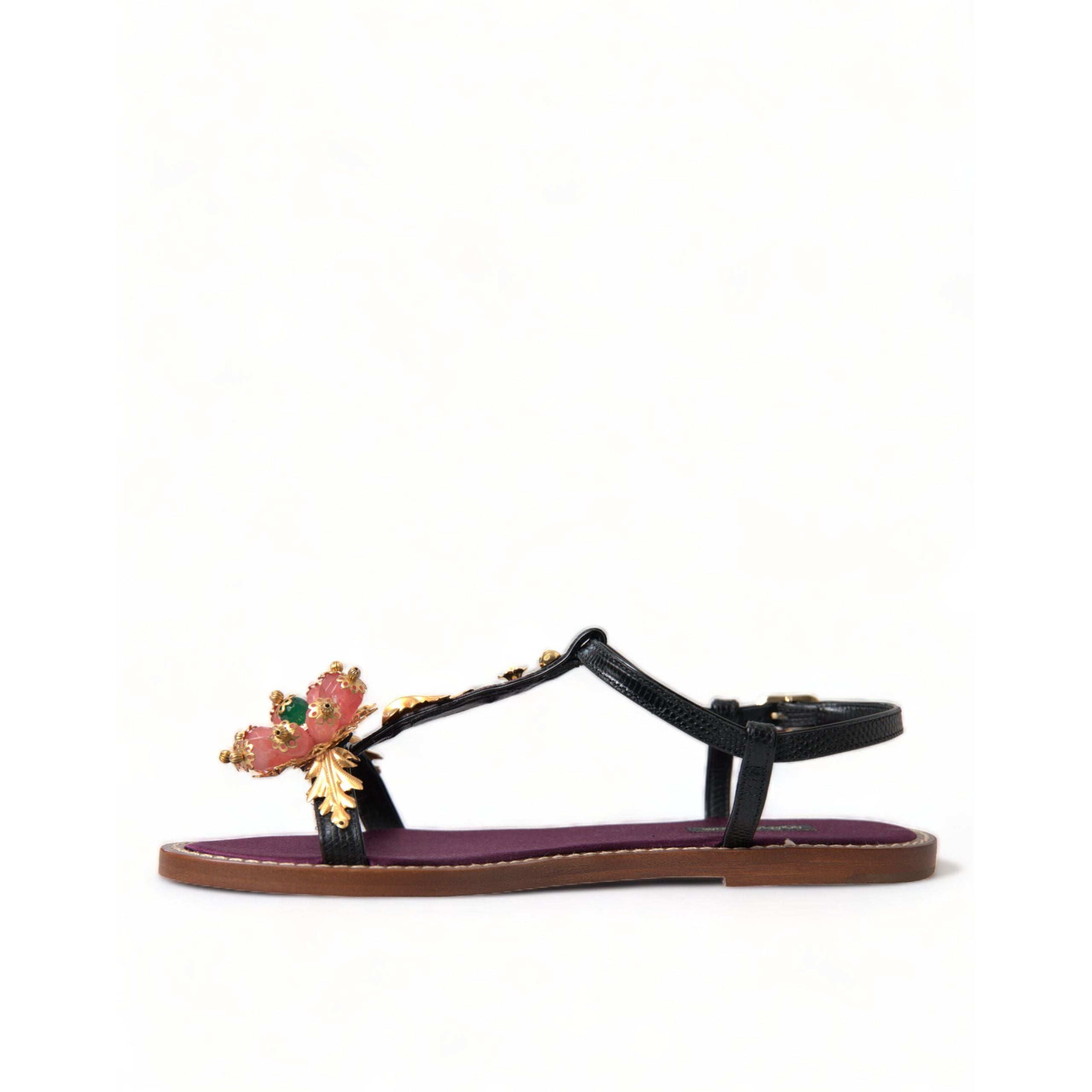 Sandali Dolce & Gabbana neri in pelle con cristalli e oro