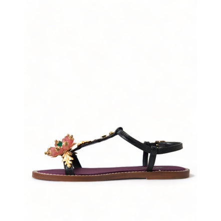 Sandali Dolce & Gabbana neri in pelle con cristalli e oro
