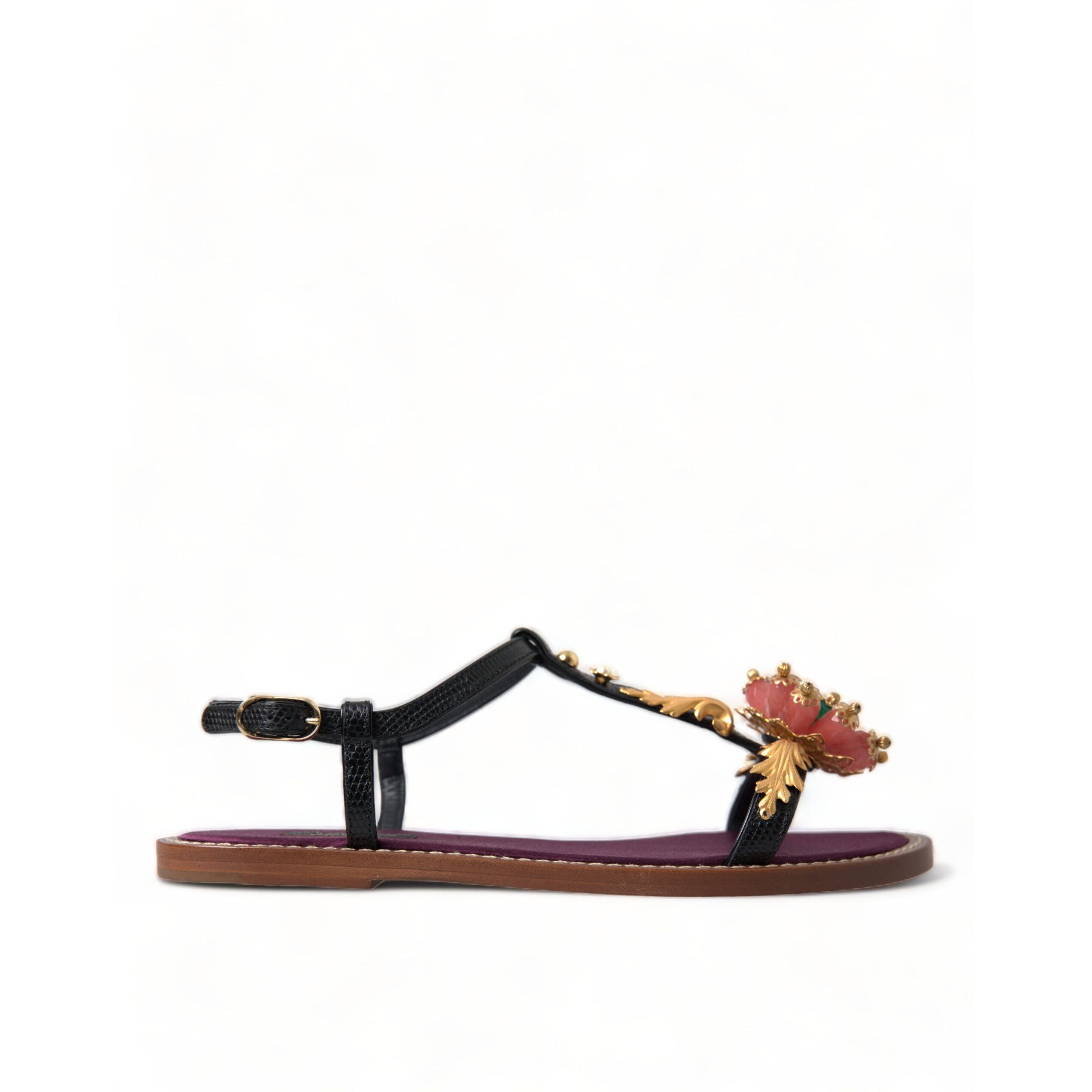 Sandali Dolce & Gabbana neri in pelle con cristalli e oro