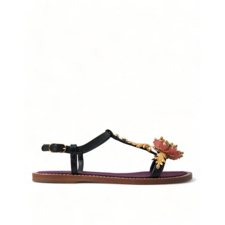 Sandali Dolce & Gabbana neri in pelle con cristalli e oro
