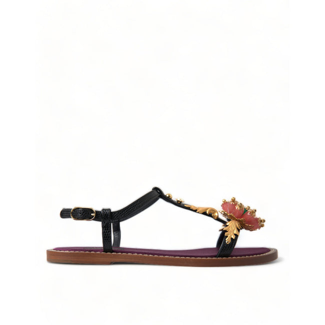 Sandali Dolce & Gabbana neri in pelle con cristalli e oro