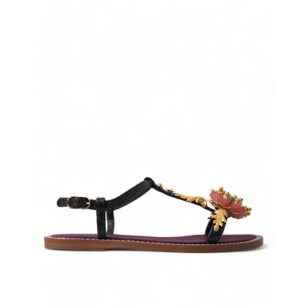 Dolce & Gabbana Sandales Noires Cristal Doré Chaussures en Cuir