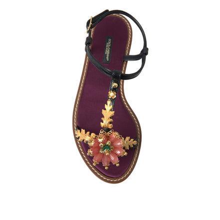 Sandali Dolce & Gabbana neri in pelle con cristalli e oro