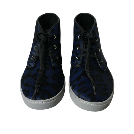 Dolce & Gabbana Blue Calfskin Leopard Mid Top Sneakers