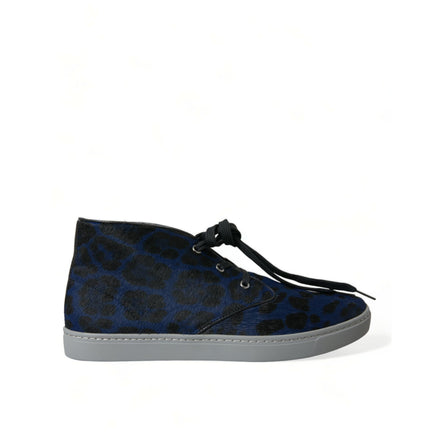 Dolce & Gabbana Blue Calfskin Leopard Mid Top Sneakers