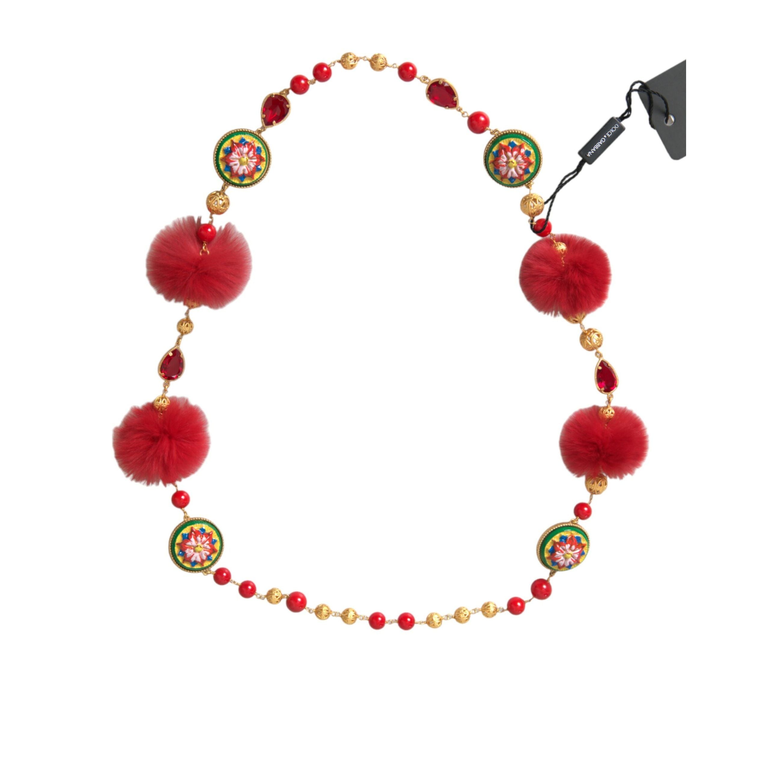 Collier Dolce & Gabbana Carretto en laiton doré, fourrure rouge et cristaux