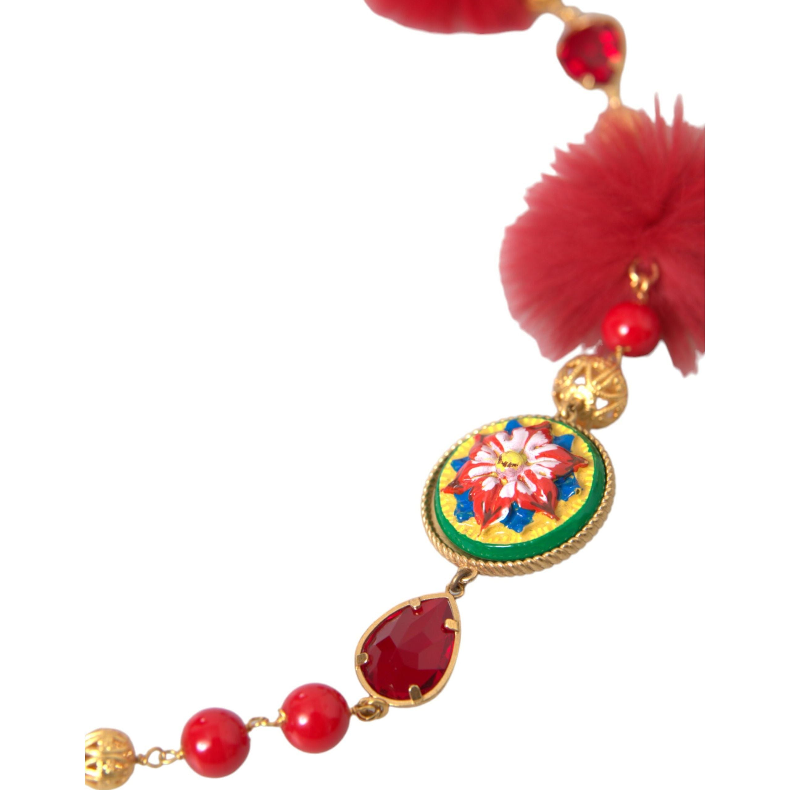 Collier Dolce & Gabbana Carretto en laiton doré, fourrure rouge et cristaux