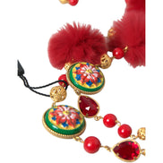Collier Dolce & Gabbana Carretto en laiton doré, fourrure rouge et cristaux