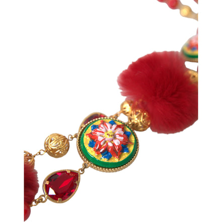 Collier Dolce & Gabbana Carretto en laiton doré, fourrure rouge et cristaux
