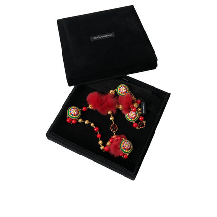 Collier Dolce & Gabbana Carretto en laiton doré, fourrure rouge et cristaux