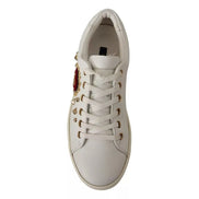 Dolce & Gabbana Scarpe da Ginnastica in Pelle Bianca con Cuori Dorati e Rossi