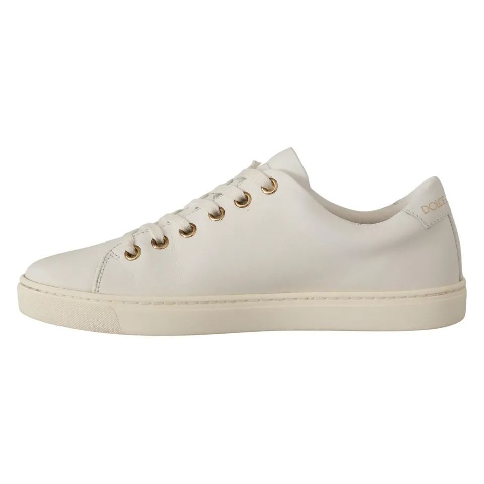 Dolce & Gabbana Scarpe da Ginnastica in Pelle Bianca con Cuori Dorati e Rossi