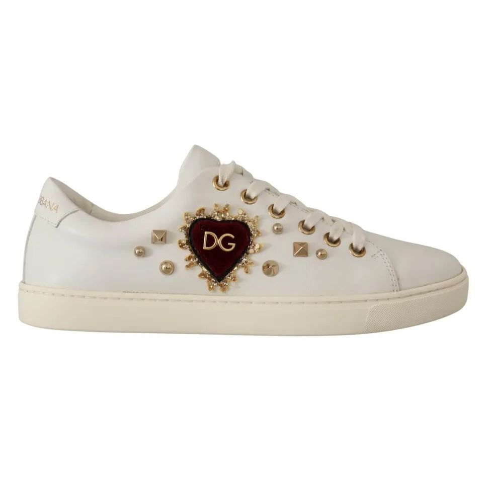 Dolce & Gabbana Scarpe da Ginnastica in Pelle Bianca con Cuori Dorati e Rossi