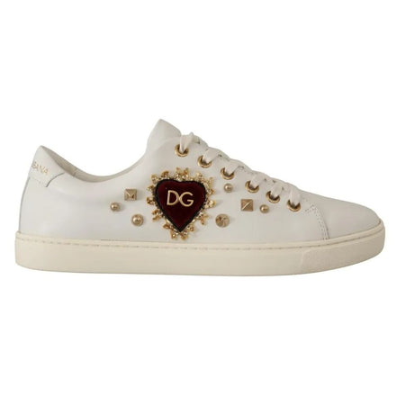 Dolce & Gabbana Scarpe da Ginnastica in Pelle Bianca con Cuori Dorati e Rossi