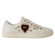 Dolce & Gabbana Scarpe da Ginnastica in Pelle Bianca con Cuori Dorati e Rossi