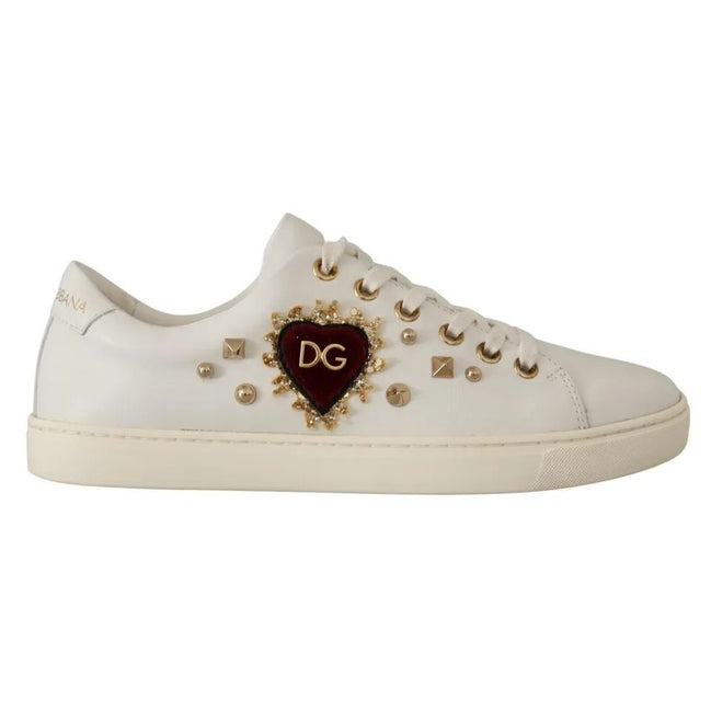 Dolce & Gabbana Scarpe da Ginnastica in Pelle Bianca con Cuori Dorati e Rossi