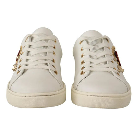 Dolce & Gabbana Scarpe da Ginnastica in Pelle Bianca con Cuori Dorati e Rossi