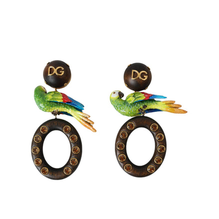 Boucles d'oreilles ornées de perles en forme de perroquet multicolore en bois et laiton avec cristaux Dolce & Gabbana