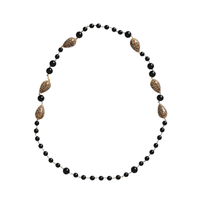 Dolce & Gabbana Gold Tone Brass Black Printed Beaded Long Chain Necklace
