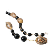 Dolce & Gabbana Gold Tone Brass Black Printed Beaded Long Chain Necklace