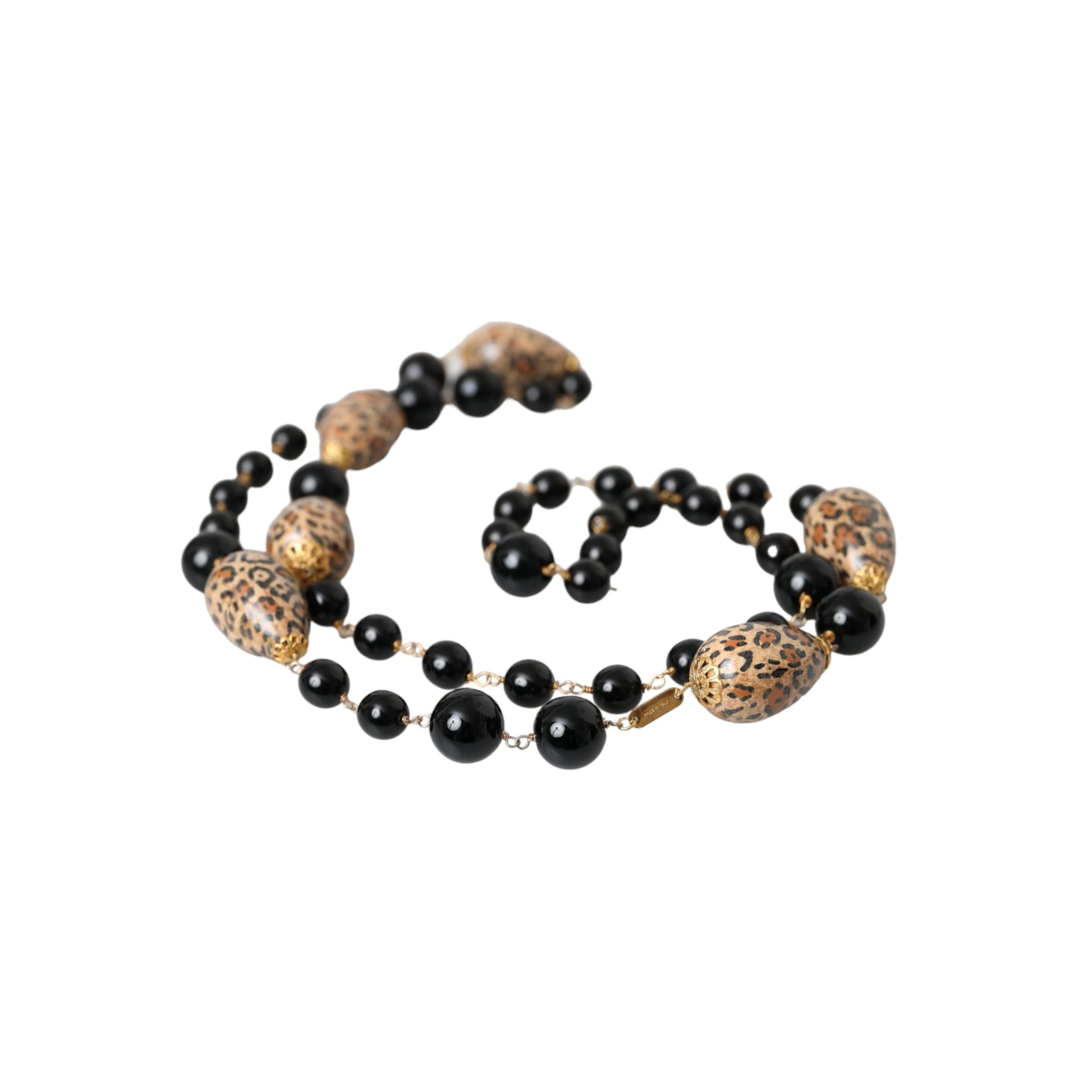 Dolce & Gabbana Gold Tone Brass Black Printed Beaded Long Chain Necklace