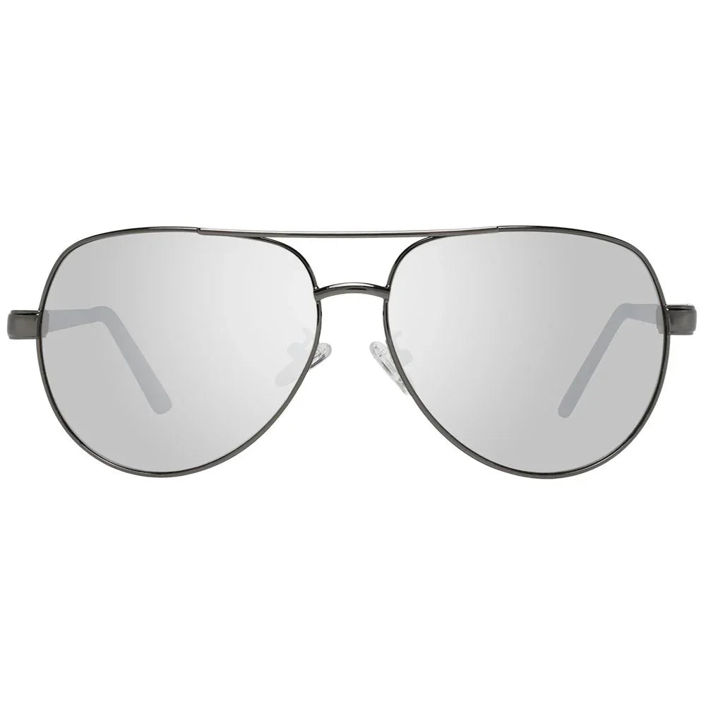 Silver aviator sunglasses with mirrored lenses and metal frame on white background