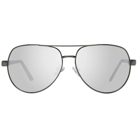 Silver aviator sunglasses with mirrored lenses and metal frame on white background