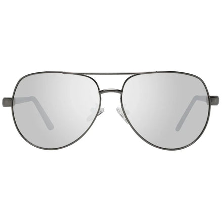 Silver aviator sunglasses with mirrored lenses and metal frame on white background