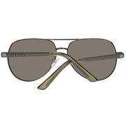 Aviator sunglasses with dark lenses, metal frame, and textured arms, shown rear view.