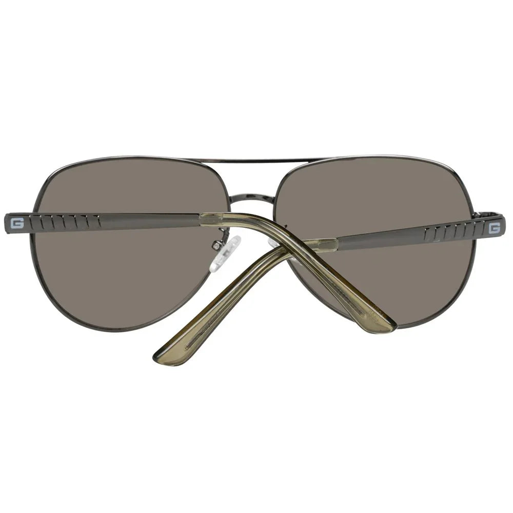 Aviator sunglasses with dark lenses, metal frame, and textured arms, shown rear view.