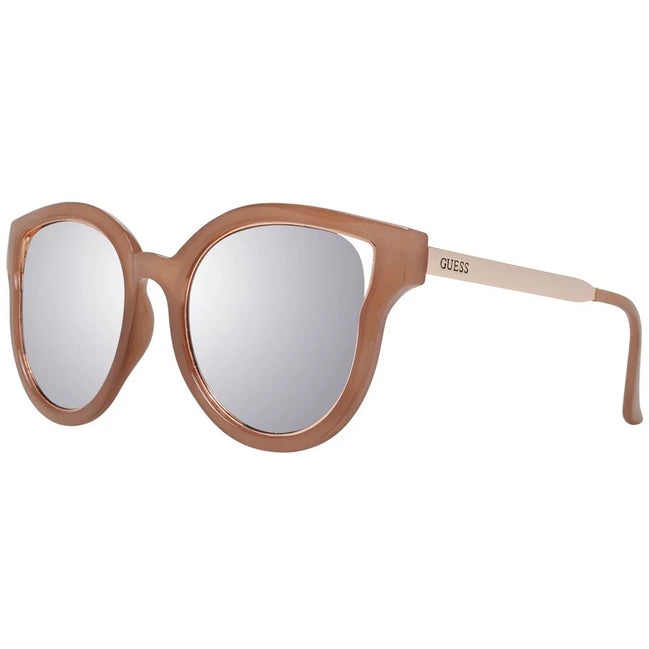 Beige round designer sunglasses with mirrored lenses and metal arms