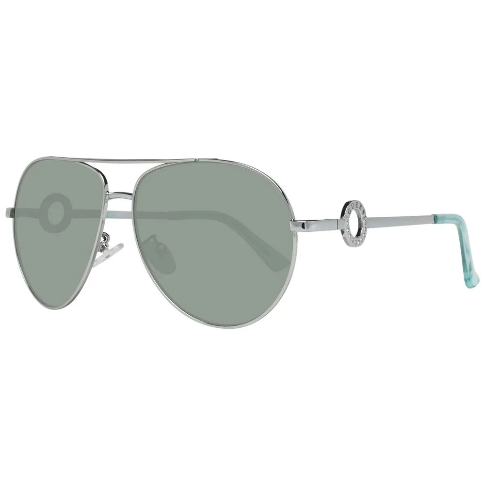 Silver aviator sunglasses with green tinted lenses and logo detail on the temples