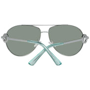Silver aviator sunglasses with green tinted lenses and mint green acetate arms, rear view