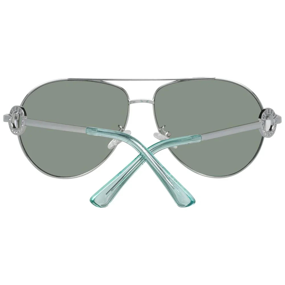 Silver aviator sunglasses with green tinted lenses and mint green acetate arms, rear view
