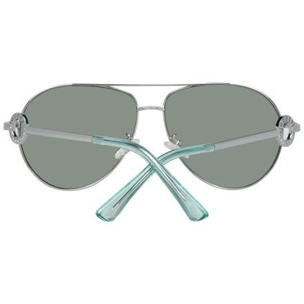 Silver aviator sunglasses with green tinted lenses and mint green acetate arms, rear view
